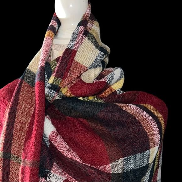 funky monkey red plaid beautiful winter wrap! Soft! Nwot - Picture 3 of 6